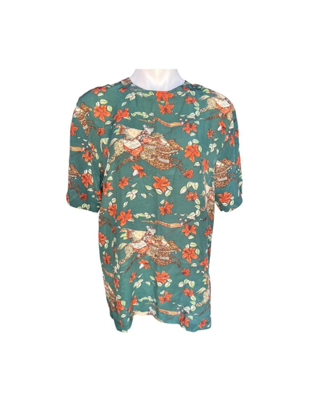 Annie Alexander Tunic Top Women XL Green Orange Knight Lilies Short Sleeve Y2K